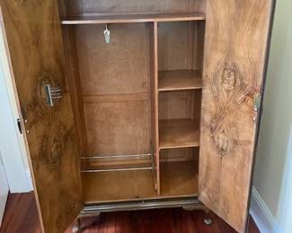 Antique burl walnut wardrobe, open.