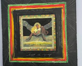 One-of-a-kind artwork on wood template; raised central square above the main platform. By local spirit artist Barbara Yochum.