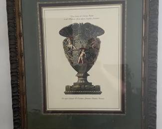 Vaso antico (ancient vase) print celebrating the grand harvest. Wood frame with gilded accent. Set of two.