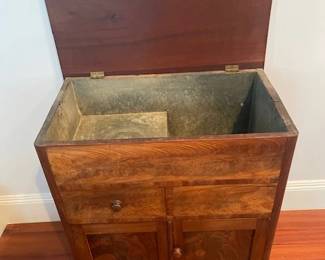 Antique burl wooden "sidebar." This a an early version of a cooler, lined with zinc to accommodate ice and have the champagne chilled. Working drawer and wooden latch on the lower doors. See next photo.