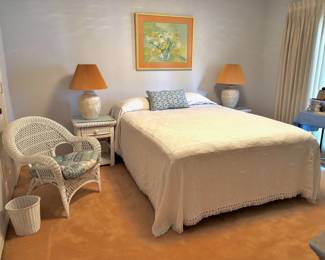 Queen Bed, Wicker Night Stands, Wicker Chair