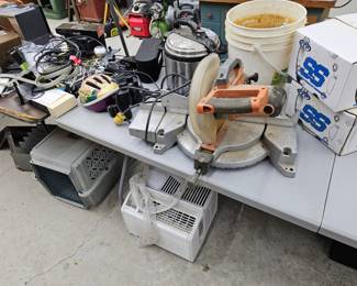 Tools, electronics, window unit, go cart wheels.