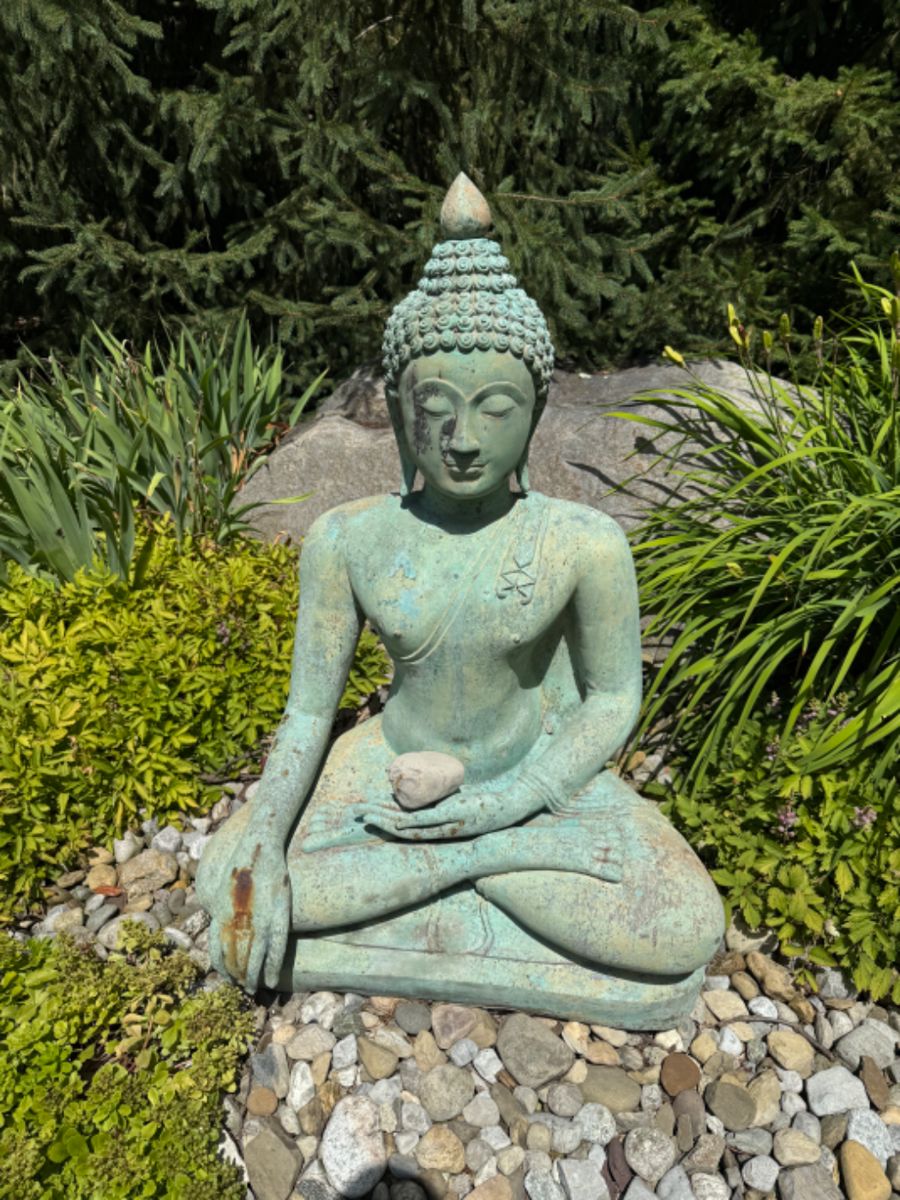 Brass Earth Touching Chean San Buddha, 44"h