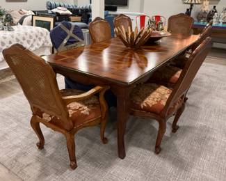 French Heritage parquetry top dining table with 8 chairs