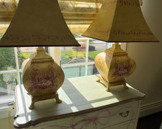 Pair paint decorated rooster lamps