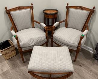 Pair French style chair & ottoman; Theodore Alexander side table