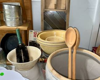 Canning Supplies, mason jars, books, crocks, stoneware, measuring bowls, funnels, tongs, sifters , antique Mandolin, cabbage shredder 