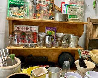 Canning Supplies, mason jars, books, crocks, stoneware, measuring bowls, funnels, tongs, sifters  