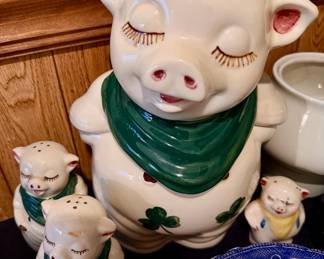 Vintage lucky shamrock pig cookie jar, salt & pepper shakers + another cute piggy
