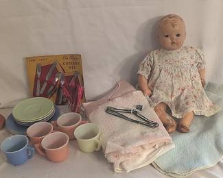 Antique Baby Doll And Tea Set
