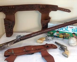 Vintage Toy Guns, Balls, And Tool Set Box