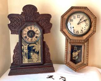 Antique Ingraham Oak Shelf Mantle Clock Octagon Drop Wall Click