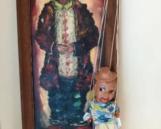 Vintage Ventriloquist Marionette Doll And Clown Painting
