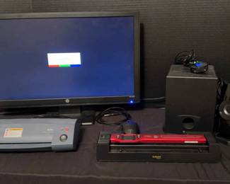 HP Monitor, Radioshack Speaker Set, Hand Scaner, Laminator, Shredder