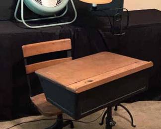 Antique School Desk With Attached Swivel Seat, General Deluxe Fan, Floor lamp