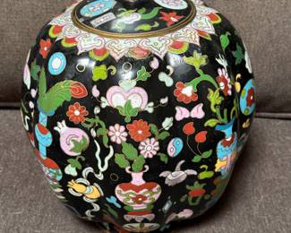 Famille Noir melon shaped lidded jar