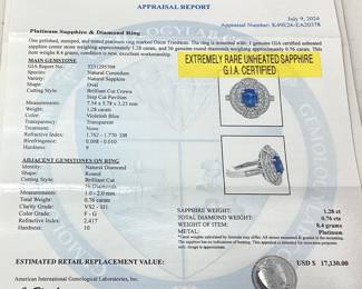 PLATINUM SAPPHIRE & DIAMOND RING, SIZE 6.5, G.I.A. CERTIFIED EXTREMELY RARE UNHEATED SAPPHIRE, 1.28ct SAPPHIRE, 0.76cts DIAMONDS, 8.4g TOTAL WEIGHT, AIGL APPRAISAL $17,130.00