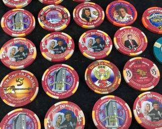 (50) $5 TRUMP TAJ MAHAL ATLANTIC CITY POKER CHIPS, (4) $1 TRUMP TAJ MAHAL TOKENS, (1) $5 TROPICANA POKER CHIP & (1) .25 SEMINOLE BINGO CHIP