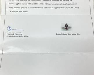 14KT WHITE GOLD SAPPHIRE & DIMOND RING, SIZE 5.25 2.69ct HEATED SAPPHIRE FROM CEYLON, 2.7g TOTAL WEIGHT, GUILD LABS GEM ID REPORT