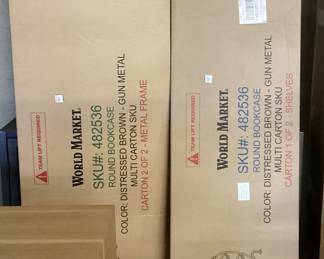 WORLD MARKET ROUND BOOKCASE, DISTRESSED BROWN- GUN METAL, NIB, UNASSEMBLED