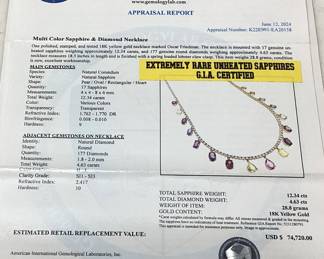 18KT YELLOW GOLD MULTI COLOR SAPPHIRE & DIAMOND NECKLACE, 18.5in L, G.I.A. CERTIFIED EXTREMELY RARE UNHEATED SAPPHIRES, 12.34cts SAPPHIRES, 4.63cts DIAMONDS, 28.8g TOTAL WEIGHT, AIGL APPRAISAL $74,720.00