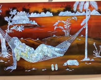 VTG. MOTHER OF PEARL ENAMEL ASIAN ARTWORK VTG. MOTHER OF PEARL ENAMEL ASIAN ARTWORK 31"L X 19in 