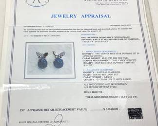 14KT WHITE GOLD BLUE STAR SAPPHIRE & DIAMOND EARRINGS, 11.01cts SAPPHIRES, 0.13cts DIAMONDS, 5.4g TOTAL WEIGHT, IAS APPRAISAL $5,040.00