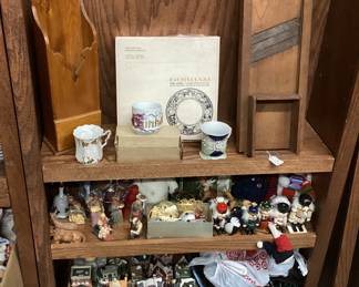 CHOICE SHELF LOT ASSORTED COLLECTIBLES, VTG. .45 RECORDS, POTTERY, ALBUMS, FIGURINES