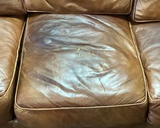 BROWN LEATHER 3 SEAT SOFA w NAILHEAD TRIM, SEAT NEEDS REPAIR NO SHIPPING PICKUP ONLY