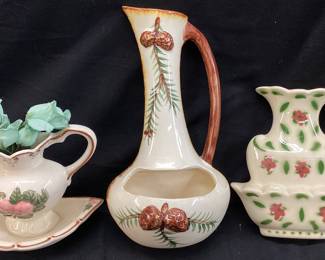 (3) WALL POCKET PLANTERS, PITCHER & BASINS, PINE CONE JUG, HULL POTTERY, L&M INC