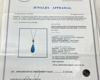 PLATINUM TURQUOISE & DIAMOND PENDANT, 18in L CHAIN, 9.25ct TURQUOISE, 0.27cts DIAMONDS, 5.6g TOTAL WEIGHT, IAS APPRAISAL $7,915.00