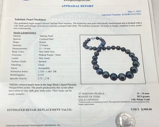 TAHITIAN PEARL NECKLACE, 14KT WHITE GOLD CLASP, 18in L, 85.9g TOTAL WEIGHT, AIGL APPRAISAL $8,900.00