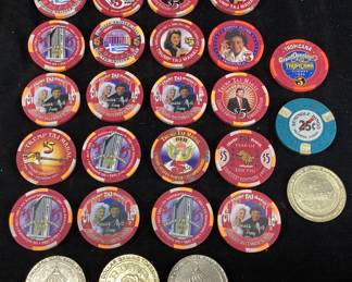 (50) $5 TRUMP TAJ MAHAL ATLANTIC CITY POKER CHIPS, (4) $1 TRUMP TAJ MAHAL TOKENS, (1) $5 TROPICANA POKER CHIP & (1) .25 SEMINOLE BINGO CHIP
