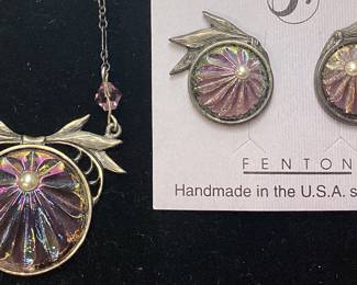 FENTON IRIDESCENT AMETHYST PENDANT & EARRINGS SET LIMITED EDITION, STERLING SILVER CHAIN, WITH COA