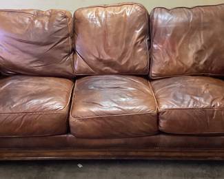 BROWN LEATHER 3 SEAT SOFA w NAILHEAD TRIM, SEAT NEEDS REPAIR NO SHIPPING PICKUP ONLY