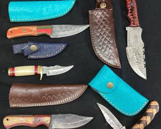 (5) CUSTOM DAMASCUS STEEL FIXED BLADE KNIVES w LEATHER CASES