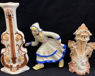 (3) VTG. VIOLIN WALL POCKET PLANTER, DUTCH GIRL WALL PLAQUE, ORNATE HAT PIN HOLDER
