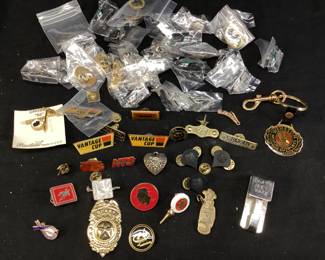 ASSORTED PINS, RJ REYNOLD SECURITY BADGE PLANT #122, CROSBY GOLF TOURNAMENT PINS, VANTAGE CUP, KATHY CROSBY, BOY SCOUTS,