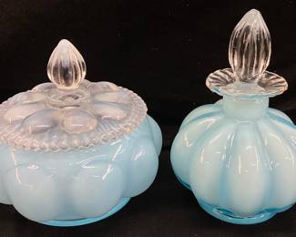 FENTON BLUE OPALINE VANITY POWDER JAR & PERFUME BOTTLE