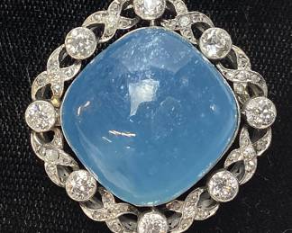 ANTIQUE PLATINUM AQUAMARINE & DIAMOND BROOCH, 34.27ct AQUAMARINE, 1.40cts DIAMONDS, 13.8g TOTAL WEIGHT, AIGL APPRAISAL $32,246.00
