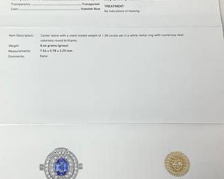 PLATINUM SAPPHIRE & DIAMOND RING, SIZE 6.5, G.I.A. CERTIFIED EXTREMELY RARE UNHEATED SAPPHIRE, 1.28ct SAPPHIRE, 0.76cts DIAMONDS, 8.4g TOTAL WEIGHT, AIGL APPRAISAL $17,130.00