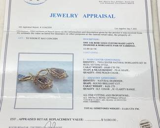 14KT ROSE GOLD MORGANITE & DIAMOND EARRINGS, 10.83cts TOTAL MORGANITE, 0.21cts DIAMONDS, 12.9g TOTAL WEIGHT, IAS APPRAISAL $9,680.00
