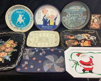  ASSORTED VTG. SERVING TRAYS, SCHLITZ LIQUOR PIELS BEER, SUNSHINE SEEDS, FLORAL DESIGNS & ANTIQUE BABY DOLL NO SHIPPING PICKUP ONLY