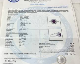 PLATINUM SAPPHIRE & DIAMOND RING, SIZE 7, G.I.A. CERTIFIED UNHEATED KASHMIR SAPPHIRE, 1.05ct SAPPHIRE, 0.57cts DIAMONDS, 4.6g TOTAL WEIGHT, AIGL APPRAISAL $9,847.00