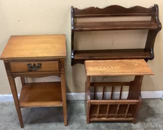 (3) WOOD FURNITURE PIECES, SINGLE DRAWER END TABLE, KNICK KNACK WALL SHELF, MAGAZINE RACK NO SHIPPING PICKUP ONLY