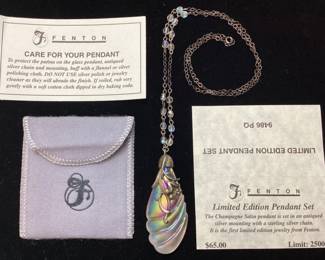 FENTON CHAMPAGNE SATIN PENDANT, STERLING SILVER CHAIN, LIMITED EDITION, w COA