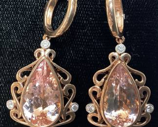 14KT ROSE GOLD MORGANITE & DIAMOND EARRINGS, 10.83cts TOTAL MORGANITE, 0.21cts DIAMONDS, 12.9g TOTAL WEIGHT, IAS APPRAISAL $9,680.00