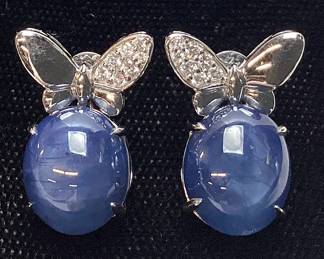 14KT WHITE GOLD BLUE STAR SAPPHIRE & DIAMOND EARRINGS, 11.01cts SAPPHIRES, 0.13cts DIAMONDS, 5.4g TOTAL WEIGHT, IAS APPRAISAL $5,040.00