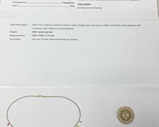 18KT YELLOW GOLD MULTI COLOR SAPPHIRE & DIAMOND NECKLACE, 18.5in L, G.I.A. CERTIFIED EXTREMELY RARE UNHEATED SAPPHIRES, 12.34cts SAPPHIRES, 4.63cts DIAMONDS, 28.8g TOTAL WEIGHT, AIGL APPRAISAL $74,720.00