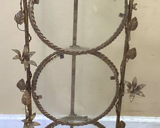 VICTORIAN ORNATE GOLD GILT 3 TIER FOLD UP STAND, GLASS SHELVES, 43in H NO SHIPPING PICKUP ONLY